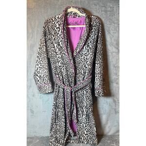 Nick & Nora Leopard Print Fleece Robe Pink Trim Tie Belt Cozy Lounge Women M/L